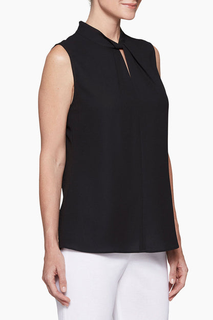 Plus Size Twist-Neck Crepe de Chine Blouse, Black | Ming Wang