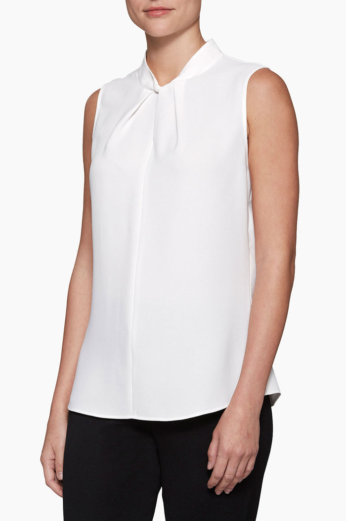 Plus Size Twist-Neck Crepe de Chine Blouse, White | Ming Wang