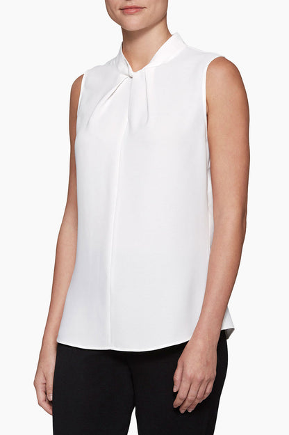 Plus Size Twist-Neck Crepe de Chine Blouse, White | Ming Wang