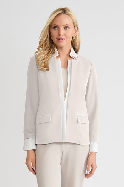 Plus Size Tailored Two-Toned Stretch Deco Crepe Blazer, Limestone, Limestone/White | Ming Wang
