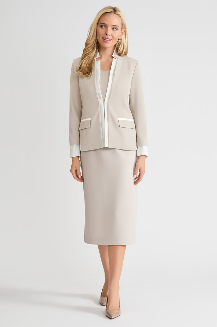 Plus Size Tailored Two-Toned Stretch Deco Crepe Blazer, Limestone, Limestone/White | Ming Wang