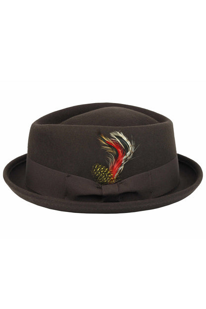 Pork Pie Brown Hat 100% Wool Felt Diamond Shape Crown - DC-310