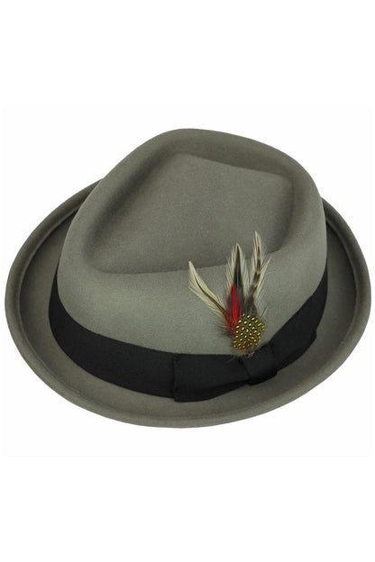 Pork Pie Grey Hat 100% Wool Felt Diamond Shape Crown