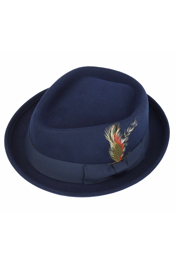 Pork Pie Navy Hat 100% Wool Felt Diamond Shape Crown