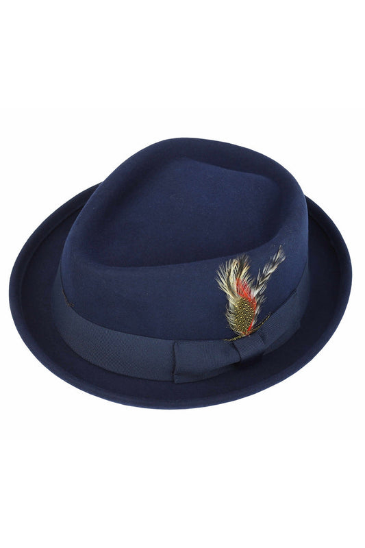 Pork Pie Navy Hat 100% Wool Felt Diamond Shape Crown