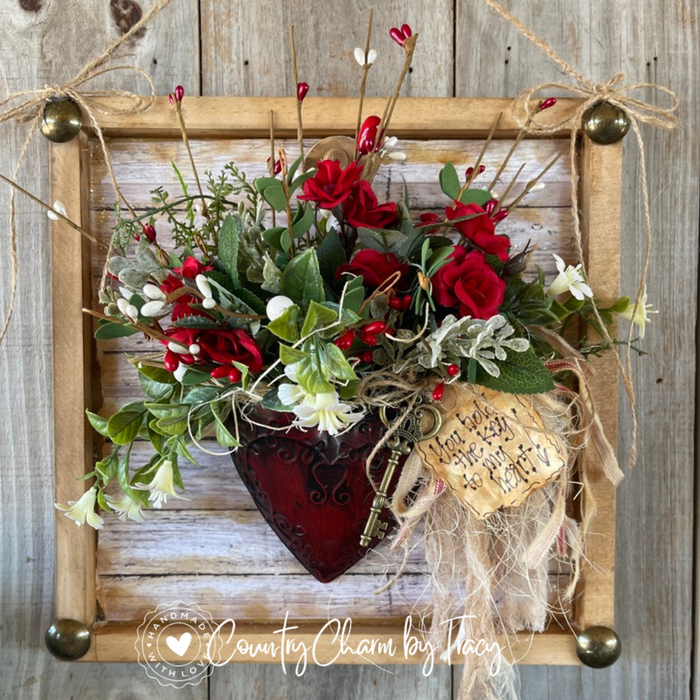 Primitive Country Tin Heart Floral Shadow Box Decor