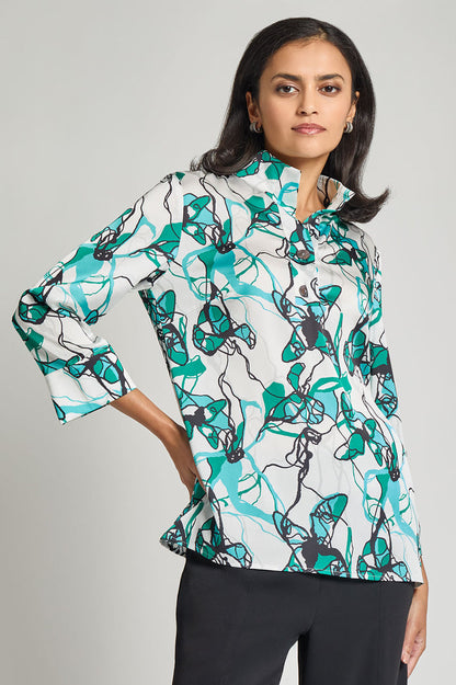 Printed Charmeuse Tunic, Emerald Awe/Lunar Rock/Calypso Blue/White/Black | Ming Wang
