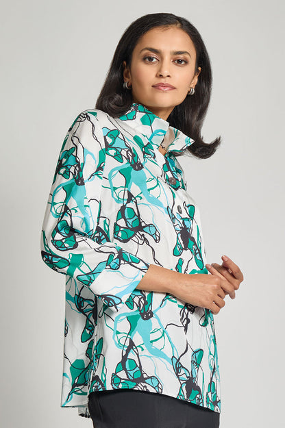 Printed Charmeuse Tunic, Emerald Awe/Lunar Rock/Calypso Blue/White/Black | Ming Wang