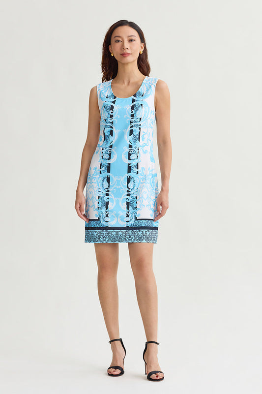 Filigree Printed Lined Stretch Deco Crepe Sheath Dress, Serene/White/Black | Ming Wang