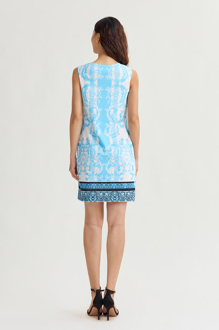Filigree Printed Lined Stretch Deco Crepe Sheath Dress, Serene/White/Black | Ming Wang