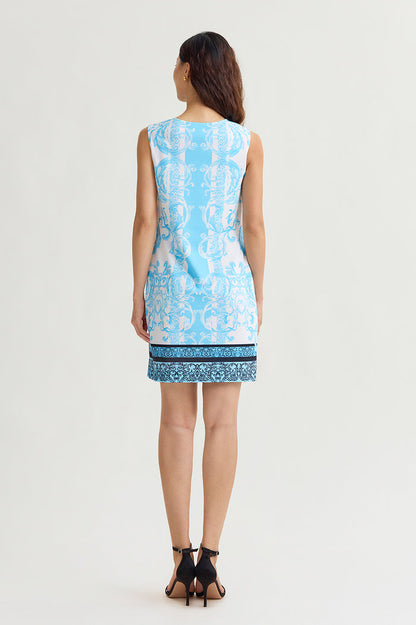 Filigree Printed Lined Stretch Deco Crepe Sheath Dress, Serene/White/Black | Ming Wang