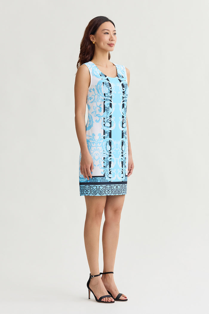 Filigree Printed Lined Stretch Deco Crepe Sheath Dress, Serene/White/Black | Ming Wang