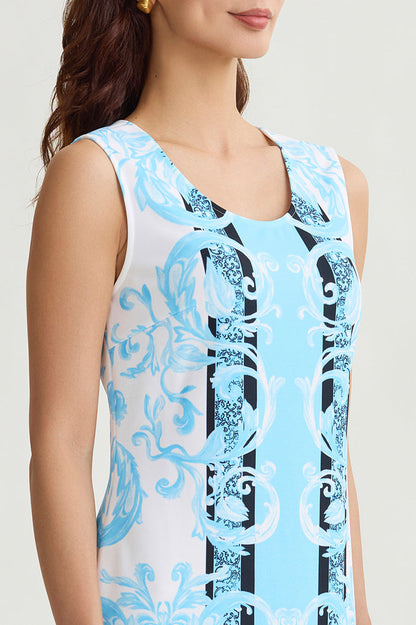 Filigree Printed Lined Stretch Deco Crepe Sheath Dress, Serene/White/Black | Ming Wang