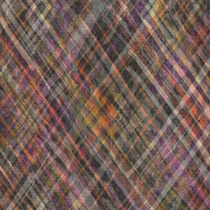 Multicolor plaid rug with diagonal intersecting lines in shades of purple, orange, black, and cream.