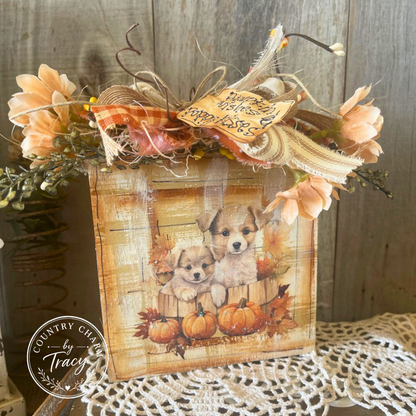 Pumpkin Wishes and Puppy Kisses 5x5 Wood Block Decor - Primitive Fall Shelf Sitter