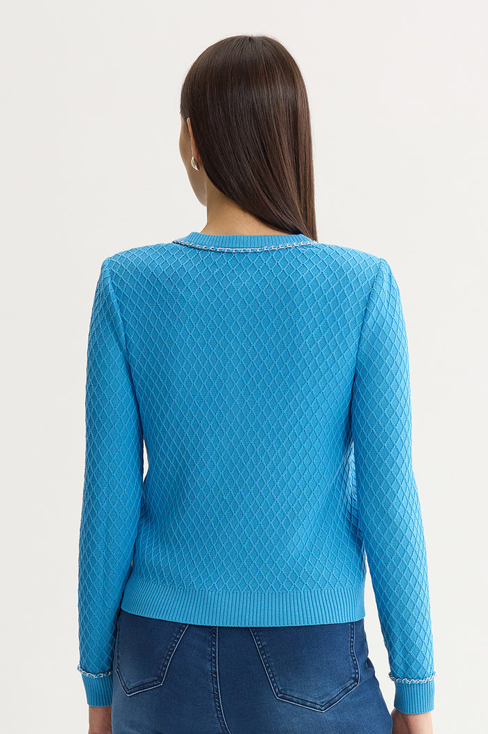 Raised Diamond Ribbed Knit Cardigan, Tranquil Blue | Ming Wang