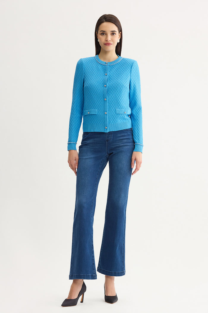 Raised Diamond Ribbed Knit Cardigan, Tranquil Blue | Ming Wang