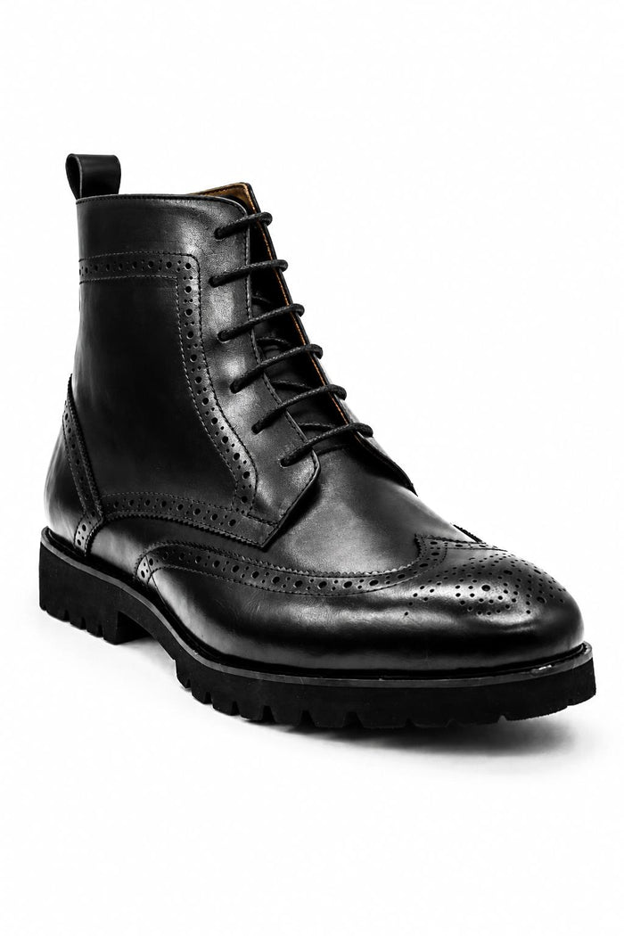 RAM Men's Black Real Leather Wingtip Brogue Ankle Boots
