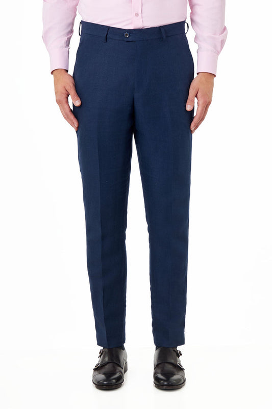 RAY - Navy Blue Herringbone Linen Suit Trousers Tailored Fit