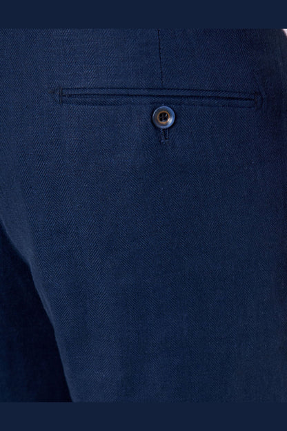 RAY - Navy Blue Herringbone Linen Suit Trousers Tailored Fit