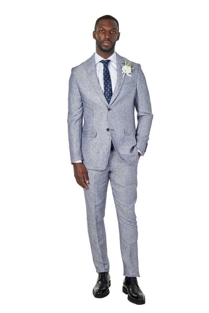 RAY - TAILORED FIT BLUE GREY HERRINGBONE LINEN SUIT JACKET
