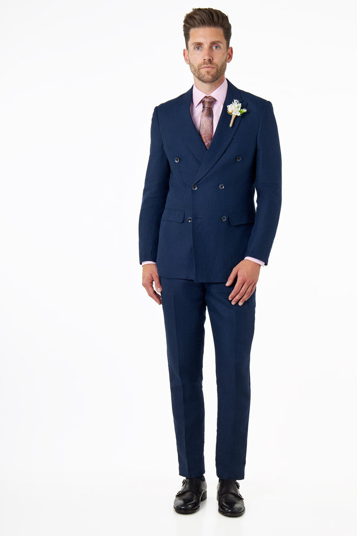 RAY - Tailored Fit Double Breasted Suit in Navy Herringbone Linen