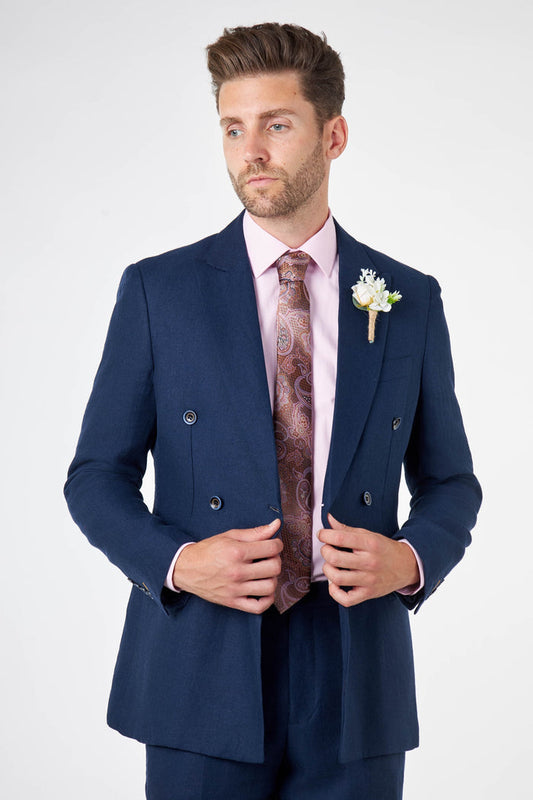 RAY - Tailored Fit Double Breasted Suit in Navy Herringbone Linen