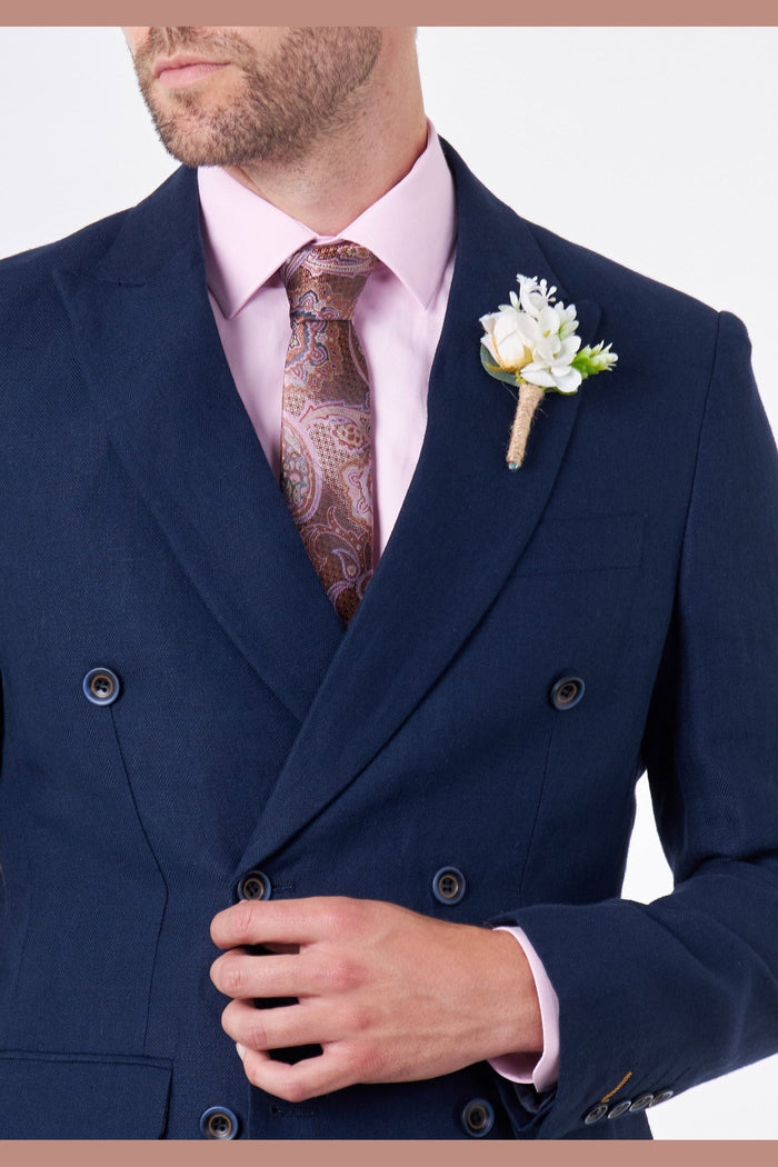 RAY - Tailored Fit Double Breasted Suit in Navy Herringbone Linen