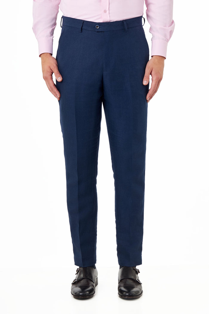 RAY - Tailored Fit Double Breasted Suit in Navy Herringbone Linen