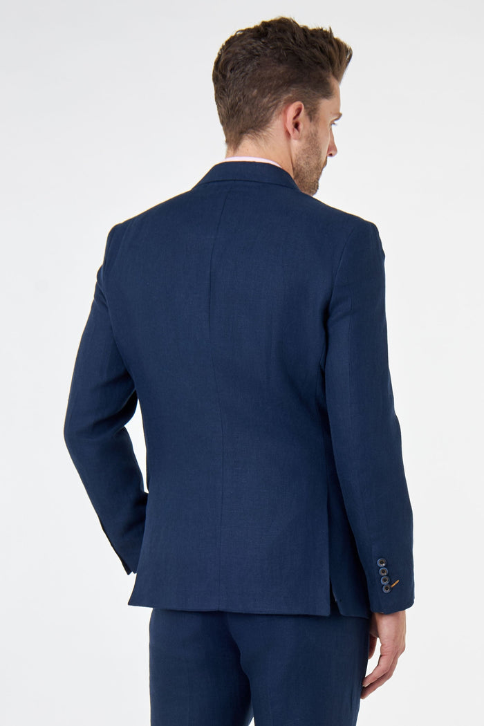 RAY - Tailored Fit Navy Herringbone Linen Double Breasted Jacket