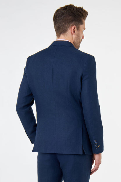 RAY - Tailored Fit Navy Herringbone Linen Double Breasted Jacket