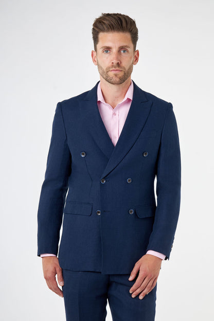 RAY - Tailored Fit Navy Herringbone Linen Double Breasted Jacket