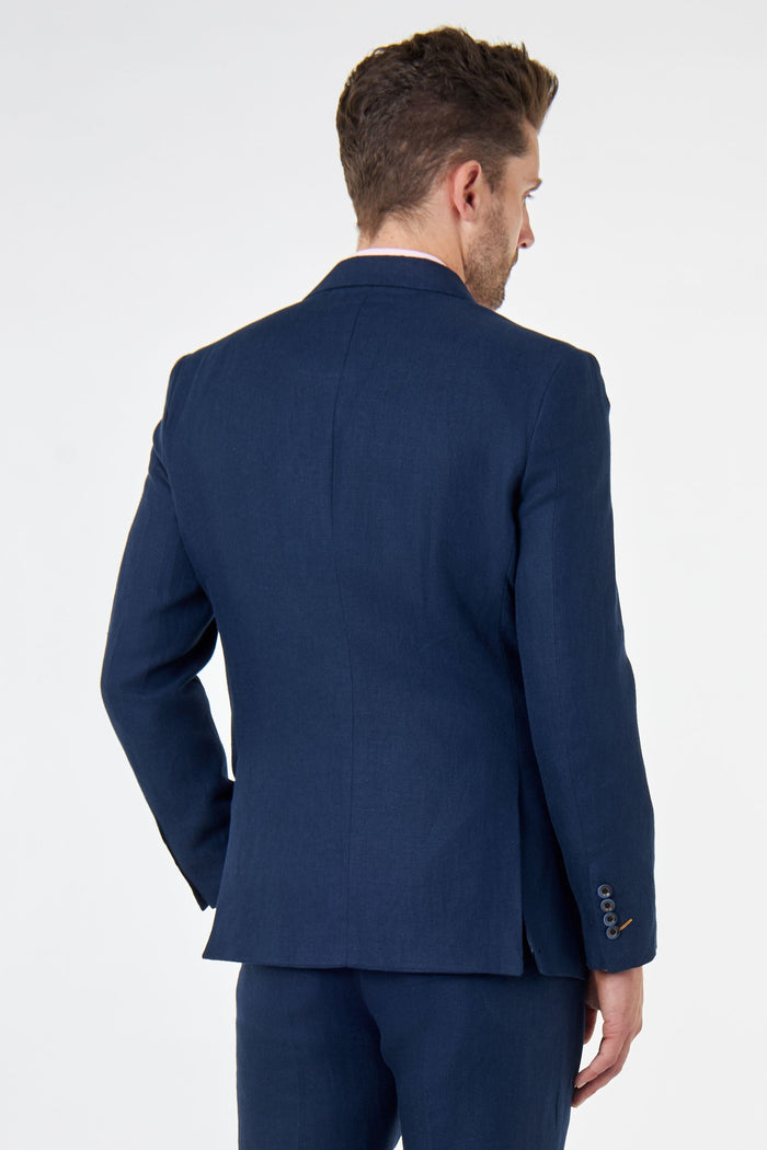 RAY - Tailored Fit Navy Herringbone Linen Suit Jacket