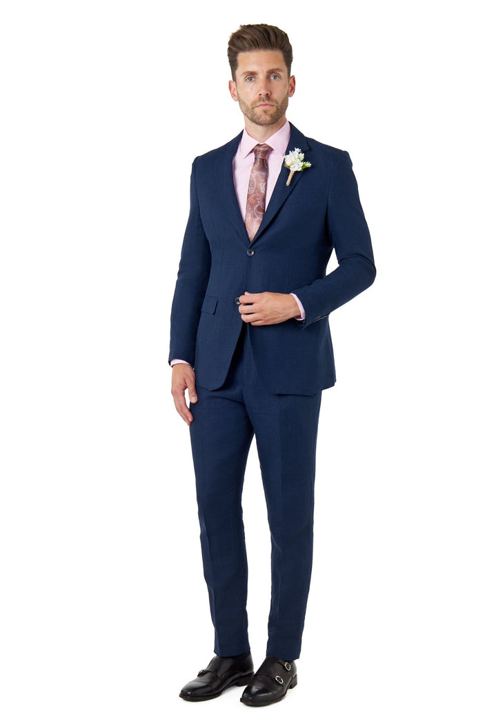 RAY - Tailored Fit Navy Herringbone Linen Suit Jacket