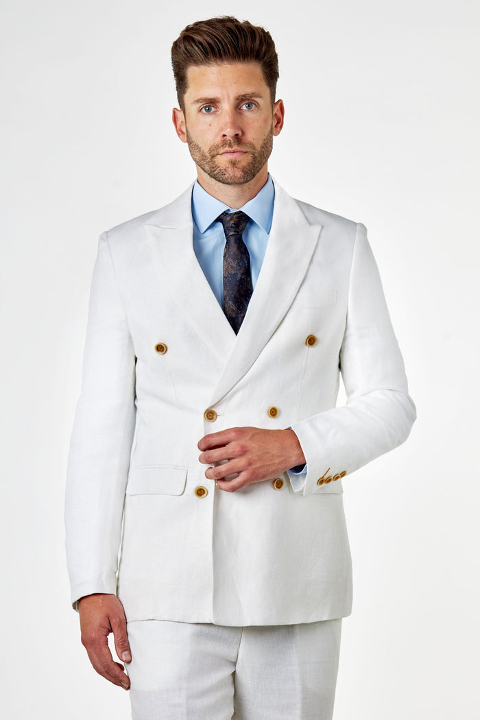 RAY - Tailored Fit Off White Herringbone Linen Double Breasted Jacket