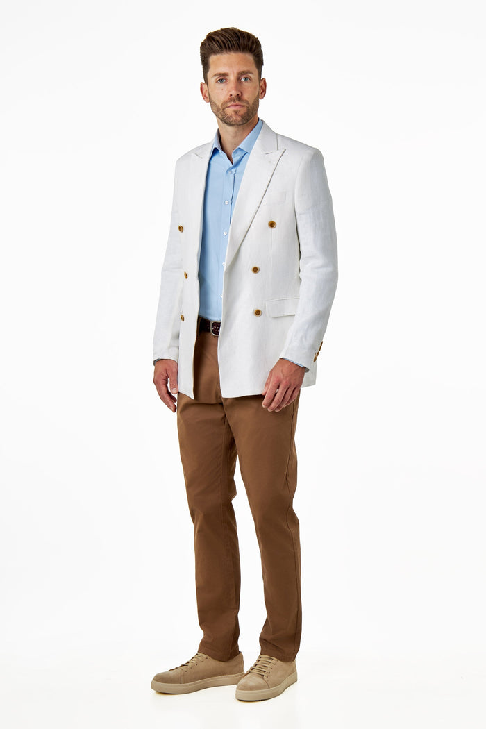 RAY - Tailored Fit Off White Herringbone Linen Double Breasted Jacket
