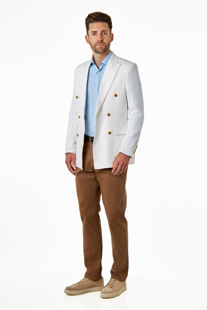 RAY - Tailored Fit Off White Herringbone Linen Double Breasted Jacket