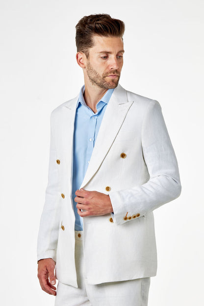 RAY - Tailored Fit Off White Herringbone Linen Double Breasted Jacket