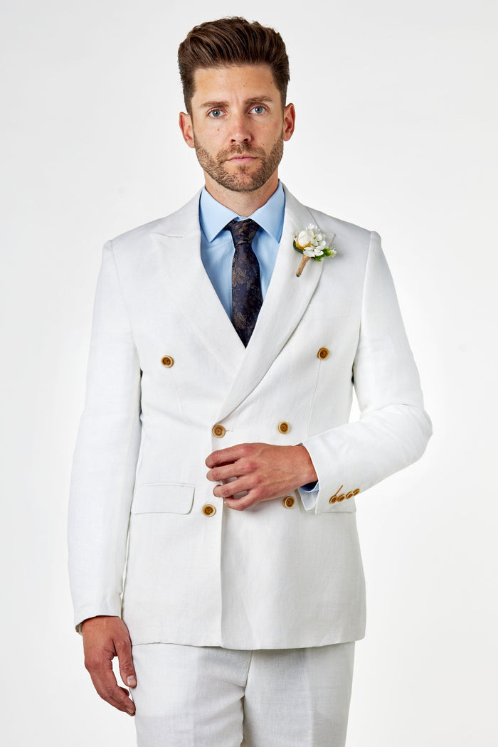 RAY - Tailored Fit Off White Herringbone Linen Double Breasted Jacket