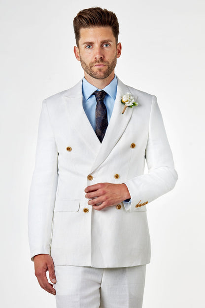 RAY - Tailored Fit Off White Herringbone Linen Double Breasted Jacket