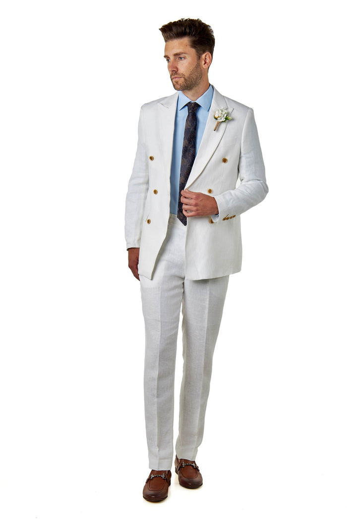 RAY - Tailored Fit Off White Herringbone Linen Double Breasted Jacket