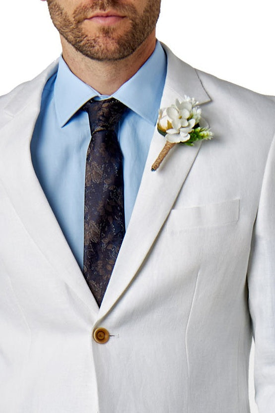 RAY - Tailored Fit Off White Herringbone Linen Suit Jacket