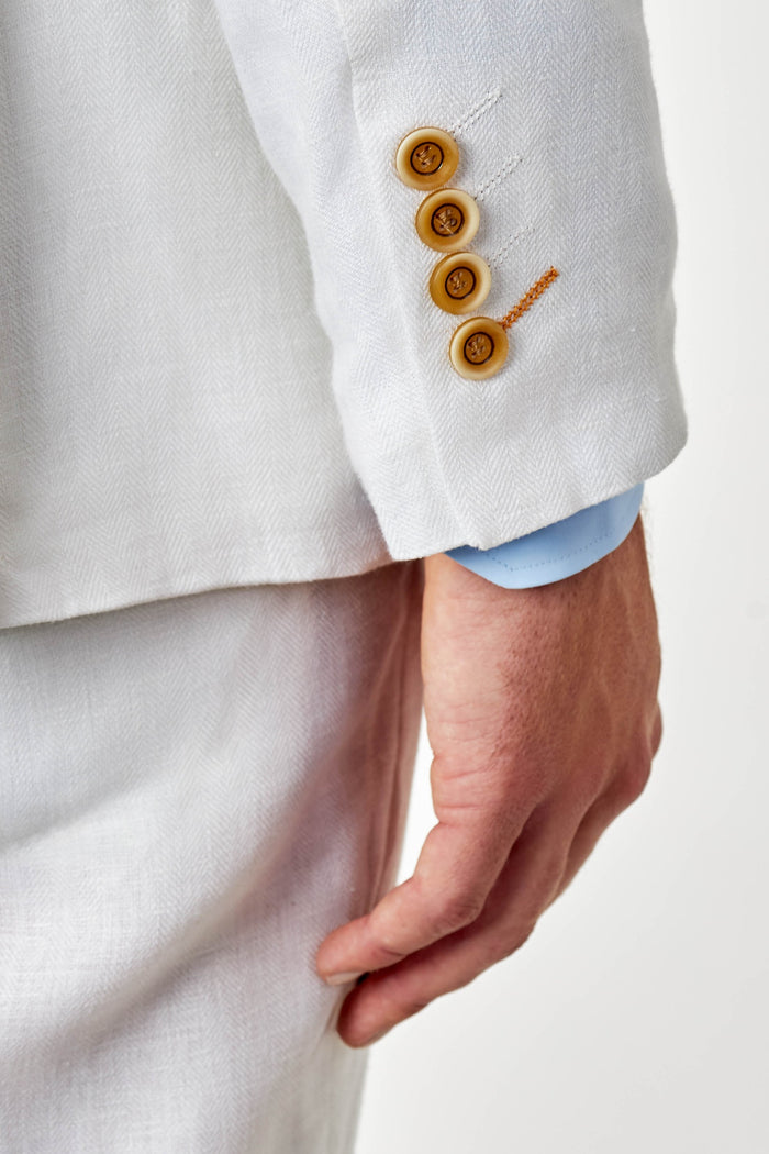 RAY - Tailored Fit Off White Herringbone Linen Suit Jacket