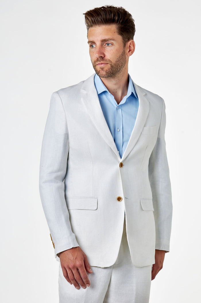 RAY - Tailored Fit Off White Herringbone Linen Suit Jacket