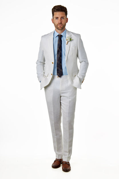 RAY - Tailored Fit Off White Herringbone Linen Suit Jacket
