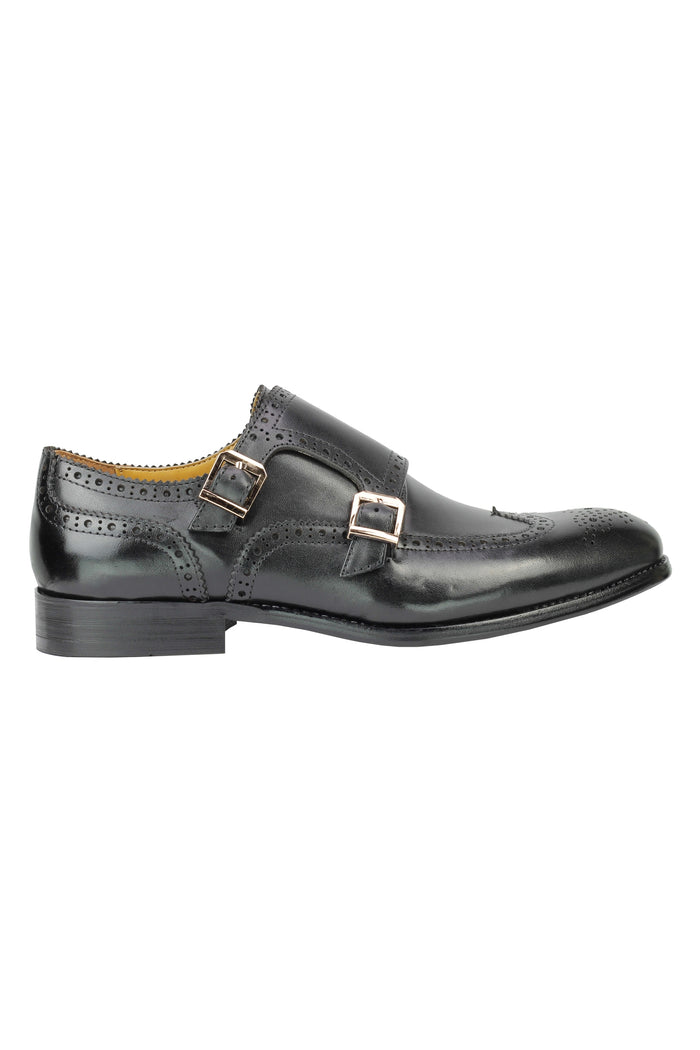 Real Leather Black Brogue Monk Shoes