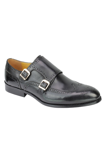 Real Leather Black Brogue Monk Shoes