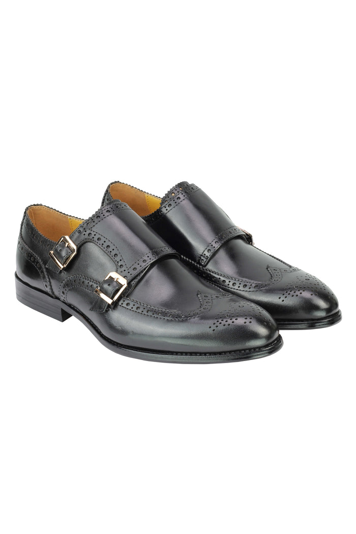Real Leather Black Brogue Monk Shoes