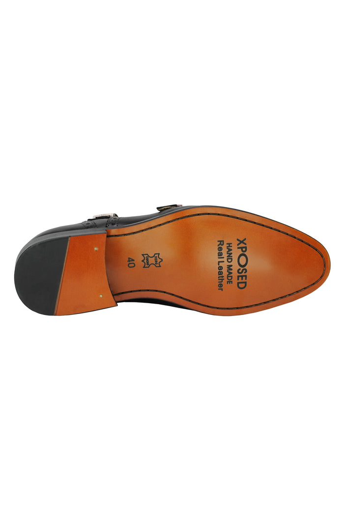 Real Leather Black Brogue Monk Shoes