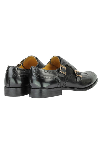 Real Leather Black Brogue Monk Shoes